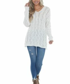 Miss Sparkling White Loose Cable Knit Hooded Sweater Tops