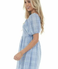 Jodifl Dresses Powder Blue Plaid Babydoll Short Dress