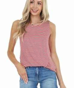 CY Fashion Red And White Striped Top With Back Draped Cutout Detail