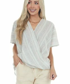 Lime 'N' Chili Tops Off White Multicolor Striped Surplice Top With Short Sleeves