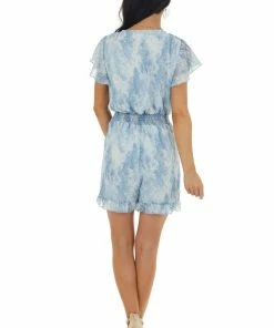 Peach Love Powder Blue Swiss Dot Snakeskin Print Romper