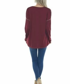Now N Forever Tops Burgundy Soft Knit V Neck Exposed Seam Top