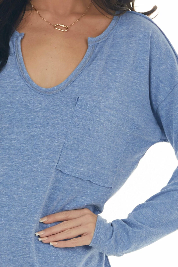 BiBi Tops Heathered Blue Notch Neck Chest Pocket Top 13 BiBi Tops Heathered Blue Notch Neck Chest Pocket Top
