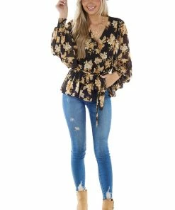 Flying Tomato Tops Black Floral Surplice Top With Bubble Sleeves 16 Flying Tomato Tops Black Floral Surplice Top With Bubble Sleeves