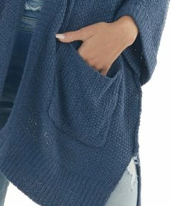 She + Sky Steel Blue Loose Sleeve Cardigan With Pockets