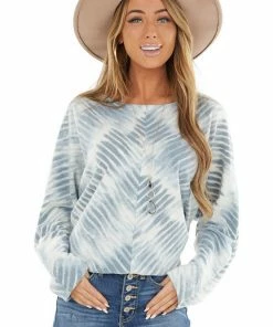 First Love Dusty Blue Tie Dye Long Dolman Sleeve Knit Top Tops