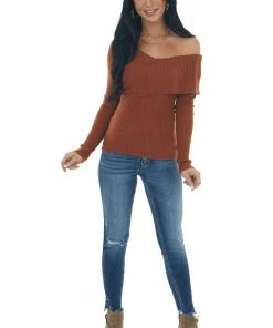 Lush Clothing Spice Long Sleeve One Shoulder Ribbed Knit Top Tops