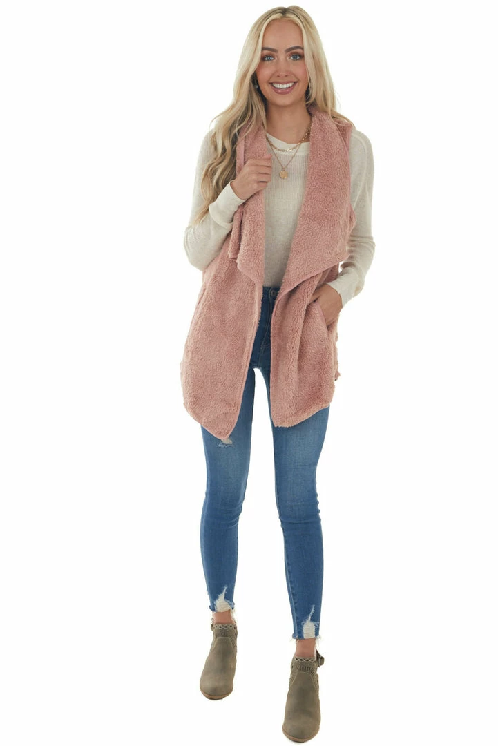 CY Fashion Dusty Punch Fuzzy Open Front Vest With Pockets Outerwear 5 CY Fashion Dusty Punch Fuzzy Open Front Vest With Pockets Outerwear