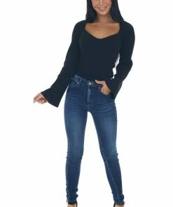 Do + Be Tops Black Flare Sleeve Side Slit Ribbed Sweater