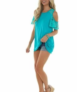 HEIMISH Teal Cold Shoulder Short Sleeve Knit Top With Lace Detail Tops