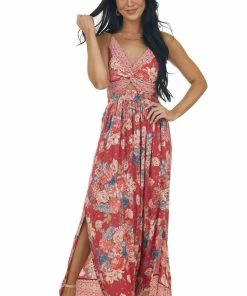 ANGIE Raspberry Floral Print Sleeveless Maxi Dress