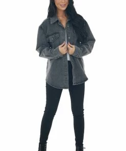 Blu Pepper Outerwear Faded Black Denim Button Front Jacket