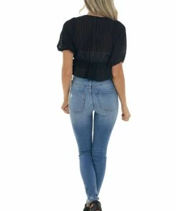 HYFVE Tops Black Plunging V Neck Short Sleeve Blouse