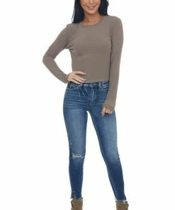 Charlotte Avery Tops Taupe Long Sleeve Textured Cropped Knit Top