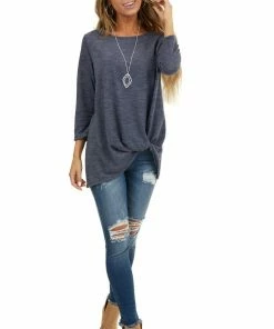 Kye Mi Heathered Navy Blue 3/4 Sleeve Top With Twisted Hem Detail
