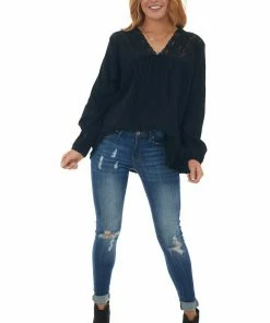 Davi & Dani Black V Neck Lace Yoke Long Puff Sleeve Top Tops