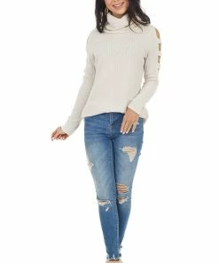 Lovely Melody Oatmeal Ribbed Knit Long Ladder Sleeve Cowl Neck Top Tops
