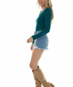 Entro Tops Pine Knit Long Sleeve Bodysuit With Wide Round Neckline