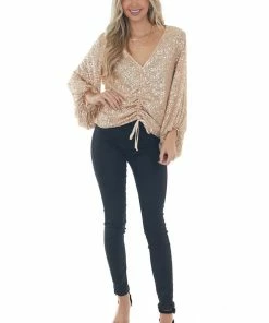 Mustard Seed Tops Champagne Sequin Long Bubble Sleeve Ruched Top
