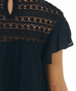 Umgee Black Lace Yoke Short Sleeve Ruffle Top