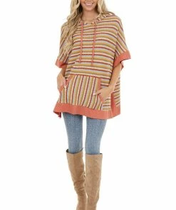 Hailey & Co Multicolor Popcorn Knit Hooded Poncho With Kangaroo Pocket