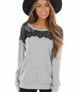 Lime Lush Tops Heathered Grey Long Sleeve Knit Top With Black Lace Details
