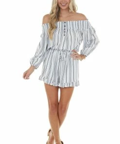 Main Strip Off White And Navy Striped Romper With Buttons