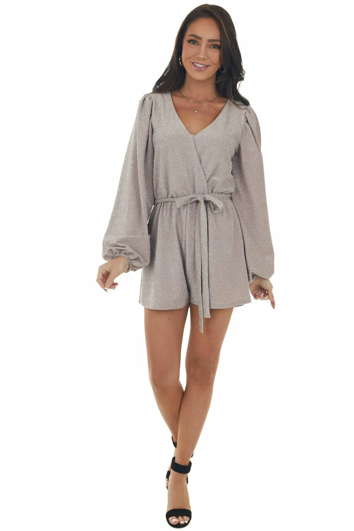 Peach Love Mauve Shimmery Surplice Bubble Sleeve Romper 12 Peach Love Mauve Shimmery Surplice Bubble Sleeve Romper