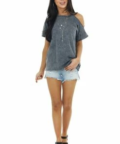 Mustard Seed Tops Graphite Mineral Washed Short Sleeve Cold Shoulder Knit Tee