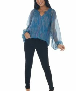 Andree Ocean Pearlescent Sheer Long Sleeve Blouse Tops