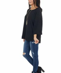 Umgee Tops Black Ribbed Loose Knit Top With Wide Sleeves
