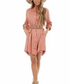 Listicle Terracotta Button Down Collared Short Dress With Pockets Dresses 32 Listicle Terracotta Button Down Collared Short Dress With Pockets Dresses