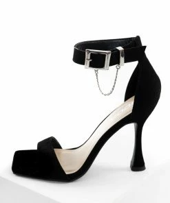FORTUNE DYNAMIC Shoes Black Nubuck Buckle Chain Square Toed Heels