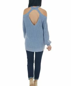 BiBi Hazy Blue Mineral Washed Cold Shoulder Sweater Tops