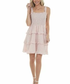 Sweet Lemon Dusty Coral Gingham Smocked Tiered Mini Dress Dresses