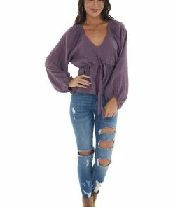 &merci Tops Deep Lilac V Neck Flowy Blouse With Tie Detail