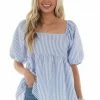 Ces Femme Cornflower Striped Puff Sleeve Babydoll Blouse