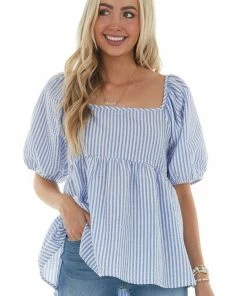 Ces Femme Cornflower Striped Puff Sleeve Babydoll Blouse