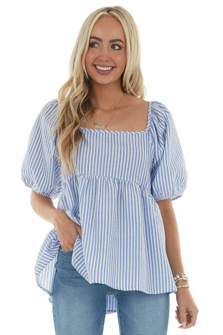 Ces Femme Cornflower Striped Puff Sleeve Babydoll Blouse 3 Ces Femme Cornflower Striped Puff Sleeve Babydoll Blouse