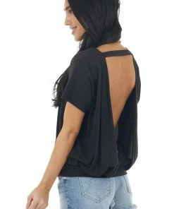 Mono B Tops Black Short Sleeve Backless Knit Top With Banded Hem