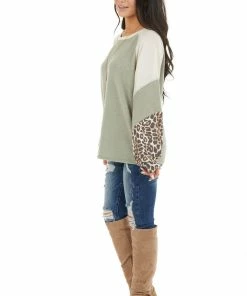 Cotton Bleu Sage And Cream Colorblock Top With Leopard Print Details Tops