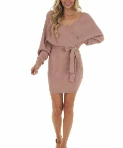 Style Melody Dresses Dusty Rose Surplice Ribbed Knit Sweater Dress
