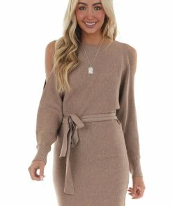 Bluivy Mocha Long Dolman Sleeve Dress With Cold Shoulder