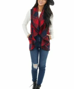 HYFVE Cherry And Navy Open Front Plaid Print Vest With Lapel Outerwear