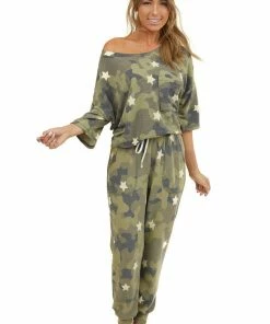 Entro Tops Olive Camo And Star Print Short Sleeve Top With Front Pocket