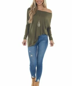 FSL APPAREL Tops Olive Long Sleeve Stretchy Knit Top With Boat Neckline