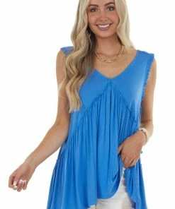 Kori America Tops Sapphire Sleeveless Tunic Knit Top With Frill Details