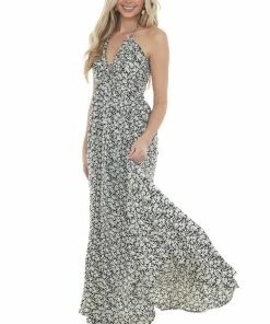 Entro Black Ditsy Floral Halter Tie Maxi Dress