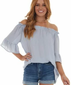143 Story Powder Blue Off The Shoulder Ruffle Blouse Tops