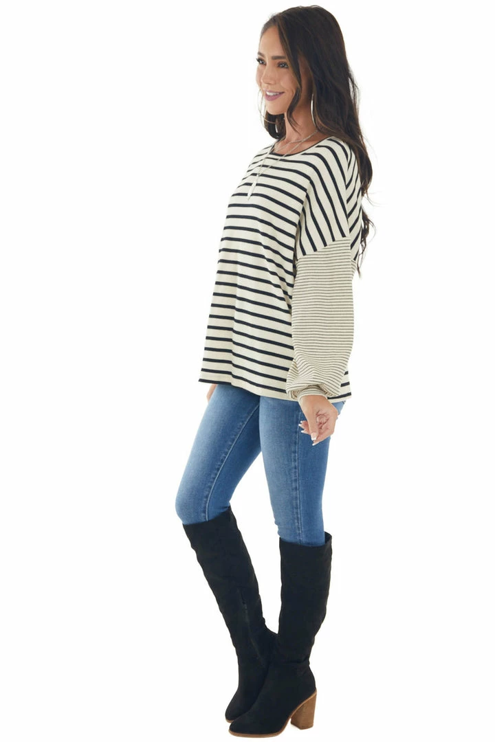 Hayden Tops Beige And Black Striped Bubble Sleeve Knit Top 4 Hayden Tops Beige And Black Striped Bubble Sleeve Knit Top